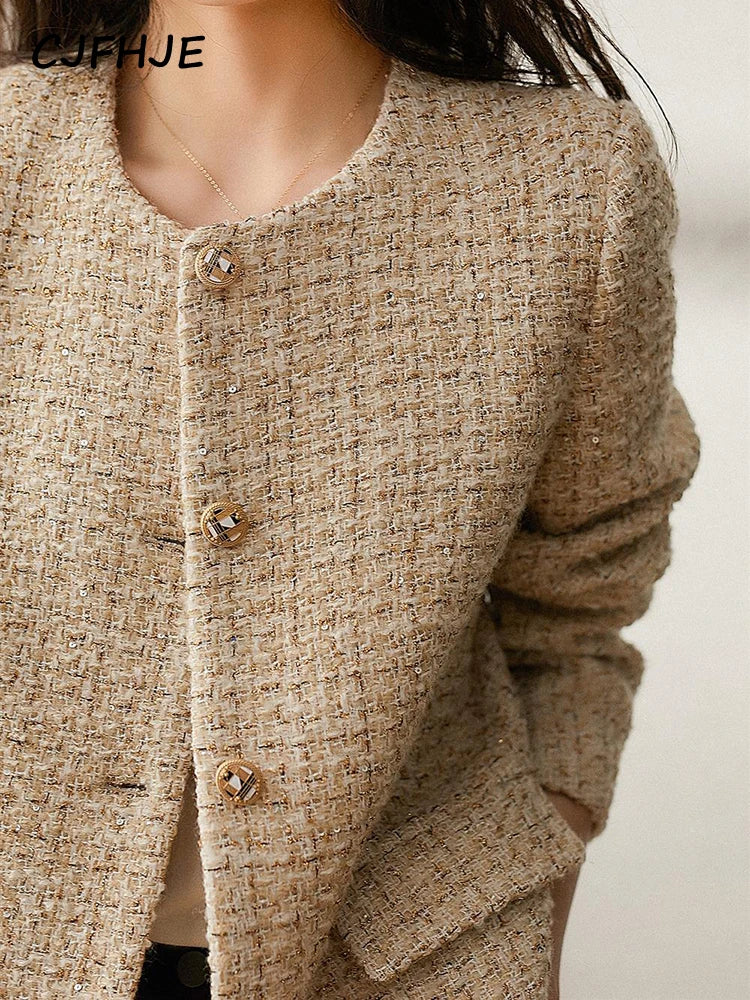 Khaki Spring Autumn Chic Short Suit Coats Femlae Single Breasted Round Neck Blazers Women Vintage Elegant Lady Outerwear Coat