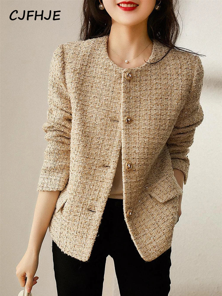 Khaki Spring Autumn Chic Short Suit Coats Femlae Single Breasted Round Neck Blazers Women Vintage Elegant Lady Outerwear Coat