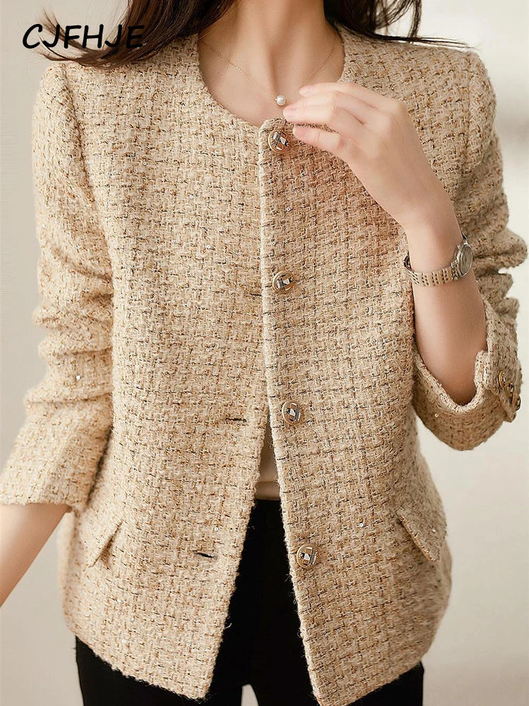 Khaki Spring Autumn Chic Short Suit Coats Femlae Single Breasted Round Neck Blazers Women Vintage Elegant Lady Outerwear Coat