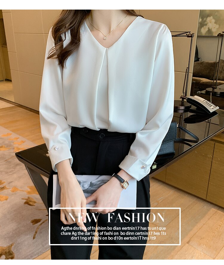 New Retro Pullover White Long Sleeve Solid Color Shirt Women Simple Blue Tops and Blouse Women Spliced Chiffon Elegant Smart Casual