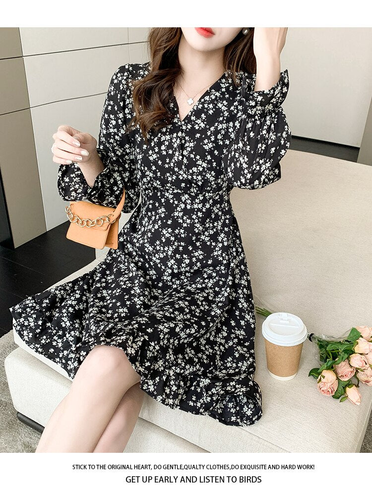 Dresses for Women  Black Long Sleeve Chiffon Slim Floral  Dress Lady Waist Slim for Female  White Puff Sleeve V-Neck