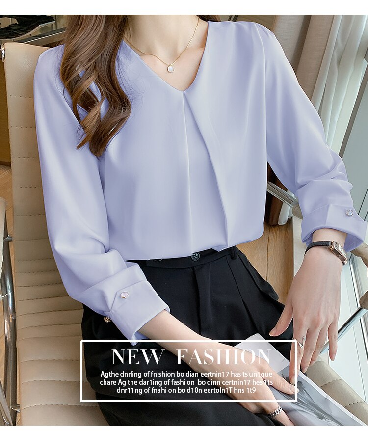 New Retro Pullover White Long Sleeve Solid Color Shirt Women Simple Blue Tops and Blouse Women Spliced Chiffon Elegant Smart Casual