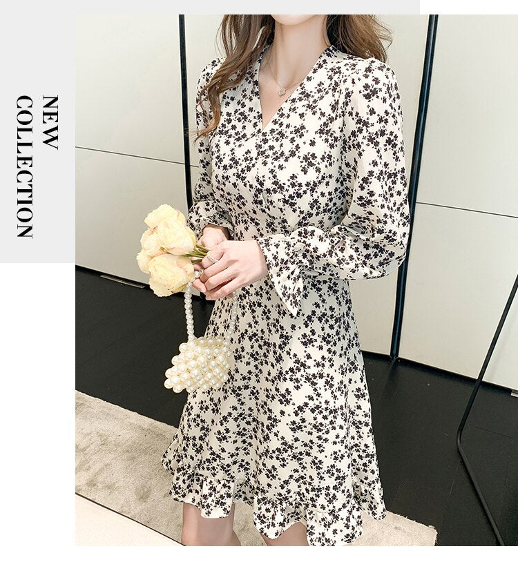 Dresses for Women  Black Long Sleeve Chiffon Slim Floral  Dress Lady Waist Slim for Female  White Puff Sleeve V-Neck