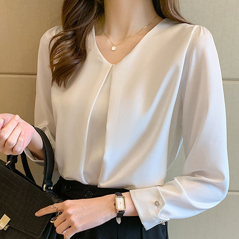 New Retro Pullover White Long Sleeve Solid Color Shirt Women Simple Blue Tops and Blouse Women Spliced Chiffon Elegant Smart Casual