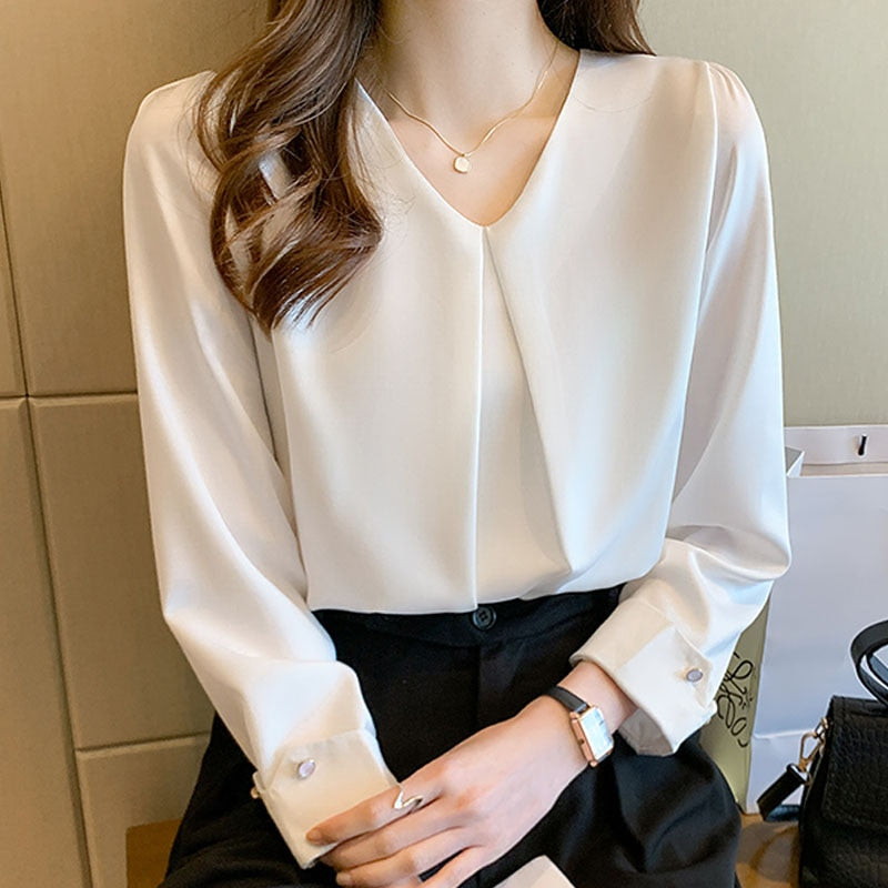 New Retro Pullover White Long Sleeve Solid Color Shirt Women Simple Blue Tops and Blouse Women Spliced Chiffon Elegant Smart Casual