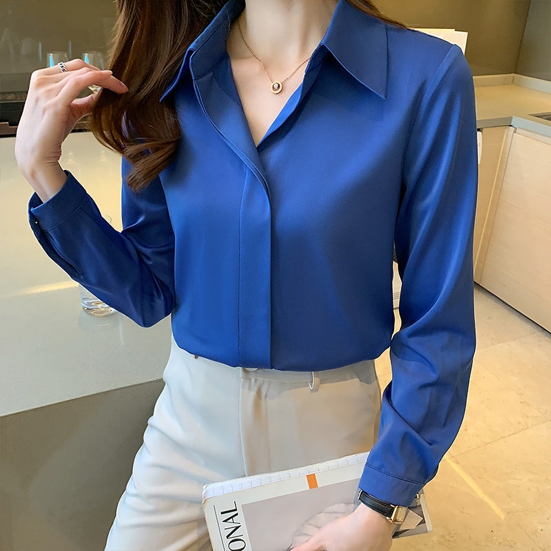 Spring New Women's V-neck Long-sleeved Shirt Large Size Loose Slim Fat Sister Bottoming Top Smart Casual