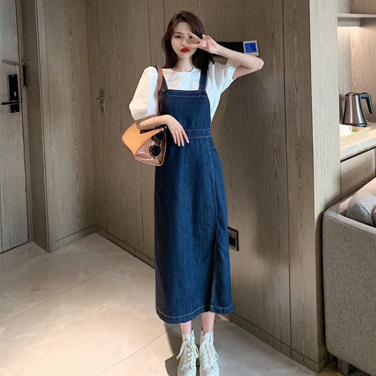 Denim Dress Women's Temperament Slim Waist Slimming Age Reduction Slit Suspenders Skirt Western Cowboy Style