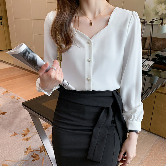 New Long-sleeved Shirt Women's Design Niche French Square Collar Puff Sleeve Top Bubble Sleeve Top Solid White Button Up Blouses Elegant Smart Casual