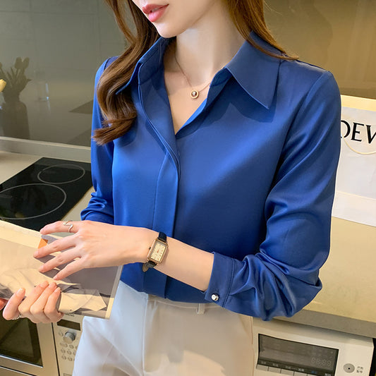 Spring New Women's V-neck Long-sleeved Shirt Large Size Loose Slim Fat Sister Bottoming Top Smart Casual