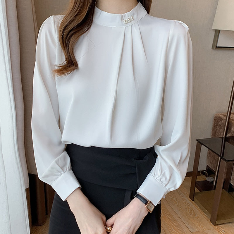 Lady Fashion Satin Beaded Women Shirts blouses Elegant Chiffon