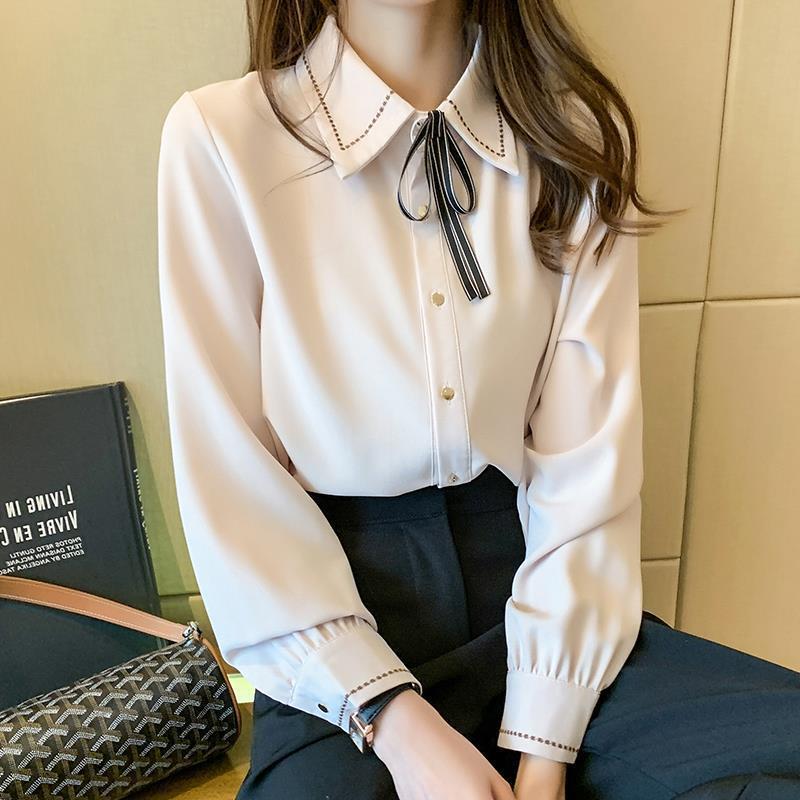 Fashion Lapel Solid Color Lace Up Bow Blouse Women Clothing Autumn New Loose Casual Tops All-match Office Lady Shirt Smart Casual