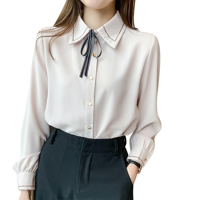 Fashion Lapel Solid Color Lace Up Bow Blouse Women Clothing Autumn New Loose Casual Tops All-match Office Lady Shirt Smart Casual