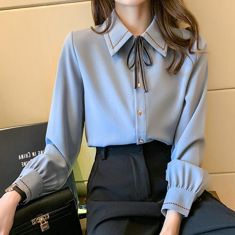 Fashion Lapel Solid Color Lace Up Bow Blouse Women Clothing Autumn New Loose Casual Tops All-match Office Lady Shirt Smart Casual