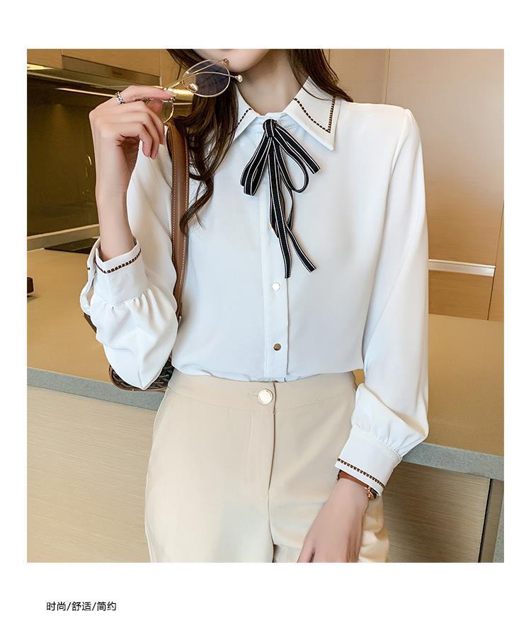 Fashion Lapel Solid Color Lace Up Bow Blouse Women Clothing Autumn New Loose Casual Tops All-match Office Lady Shirt Smart Casual