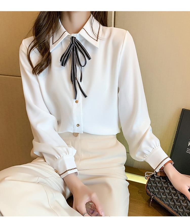 Fashion Lapel Solid Color Lace Up Bow Blouse Women Clothing Autumn New Loose Casual Tops All-match Office Lady Shirt Smart Casual