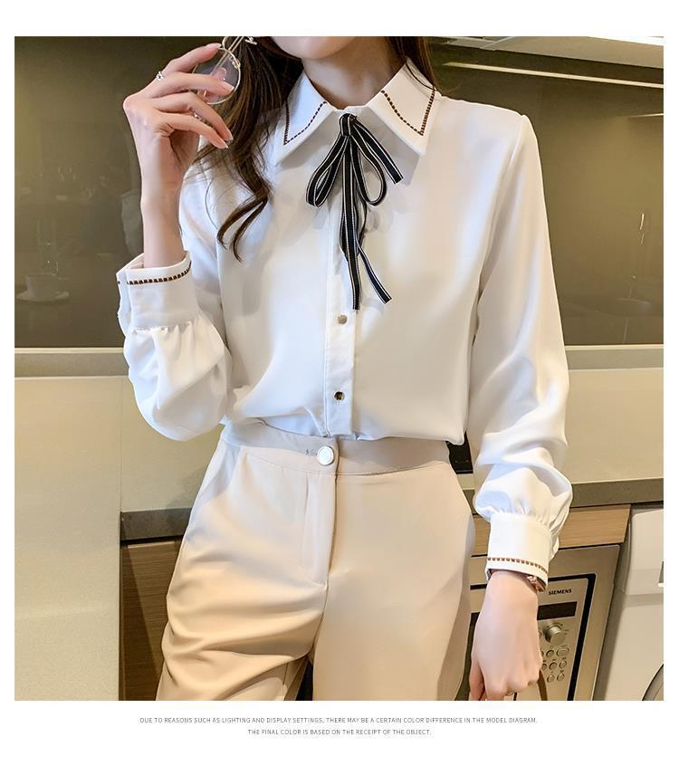 Fashion Lapel Solid Color Lace Up Bow Blouse Women Clothing Autumn New Loose Casual Tops All-match Office Lady Shirt Smart Casual